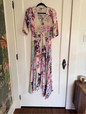 JAASE Floral Crochet Smocked Button Down Maxi Dress - M